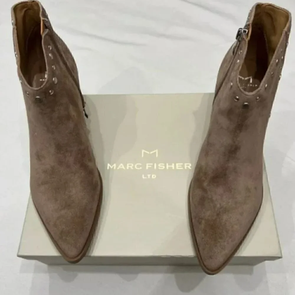 New MARC FISHER Deni Suede Stud Western Booties 7.5 Taupe Brown